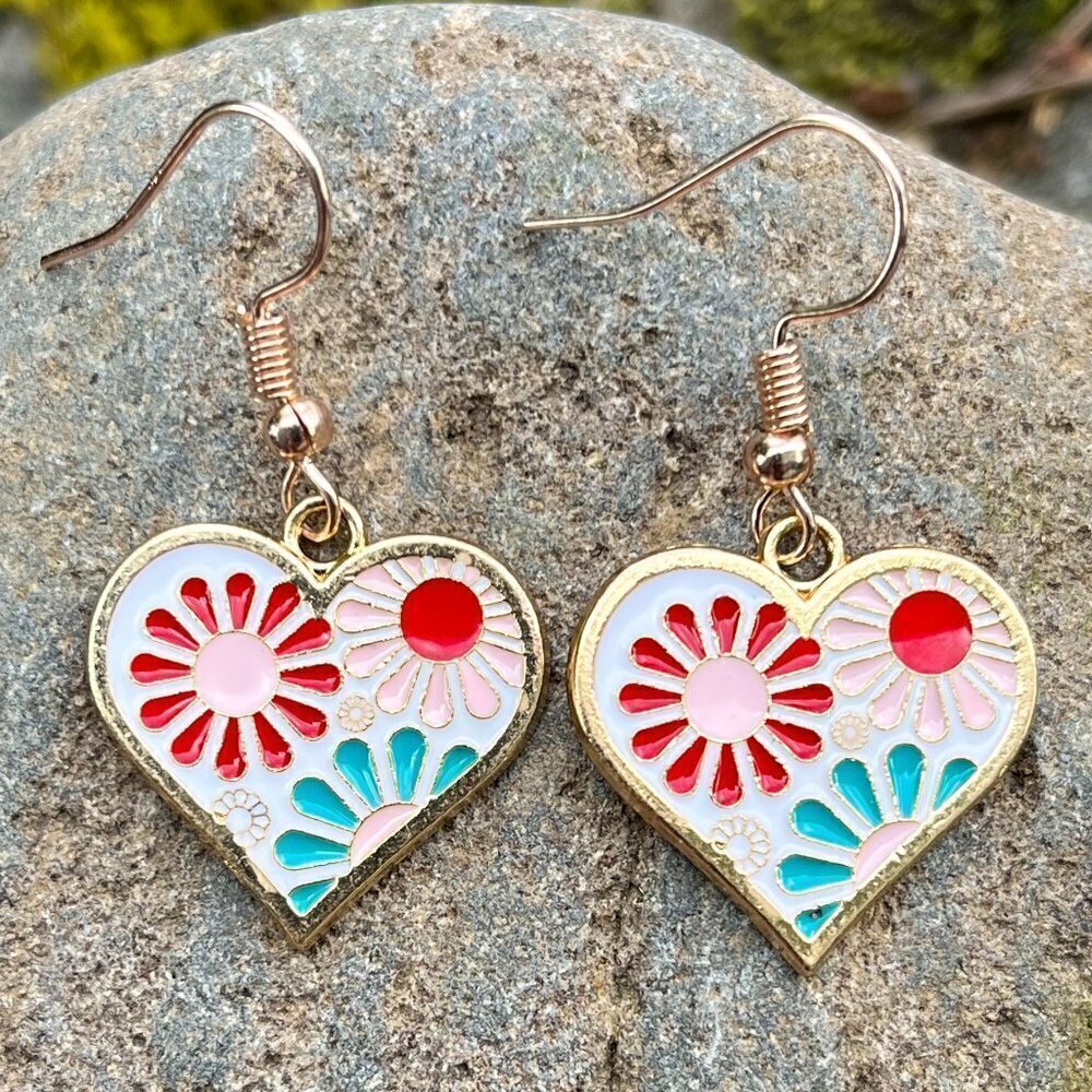 Floral Heart Enamel Drop Earrings | Handmade - Picture 1 of 5